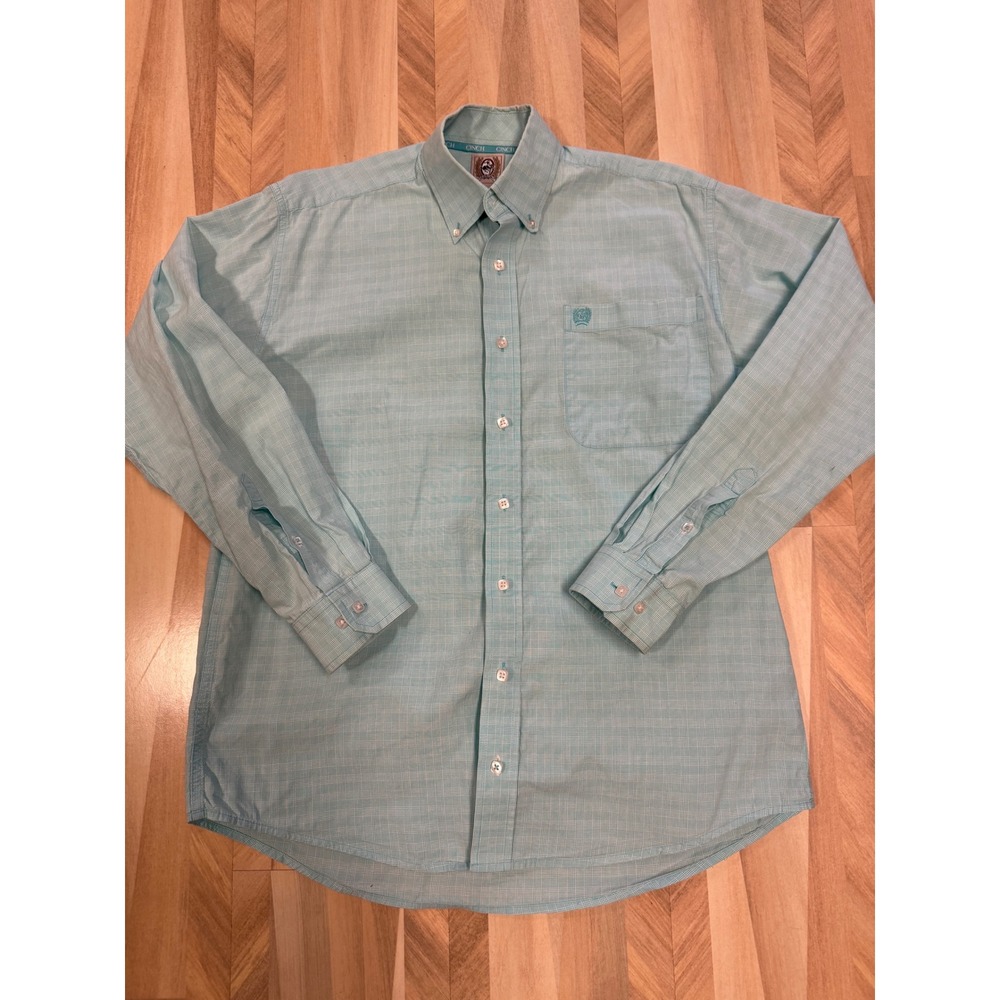 Cinch Men's XS Aqua Plaid Long Sleeve Button Down Shirt Embroidered Logo Pocket